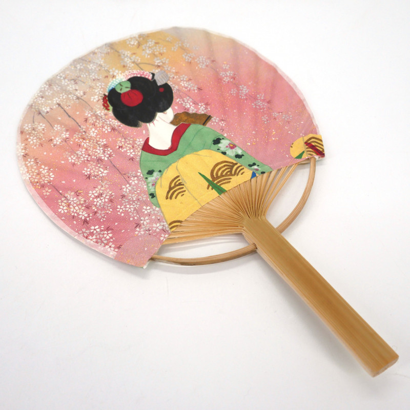 Ventaglio uchiwa giapponese non pieghevole in carta e bambù mit Motiv Maiko, 17,5 x 11,5 cm