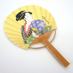 Japanese non-folding uchiwa fan in paper and bamboo, Utamaro Ohisa pattern, 17.5 x 11.5 cm