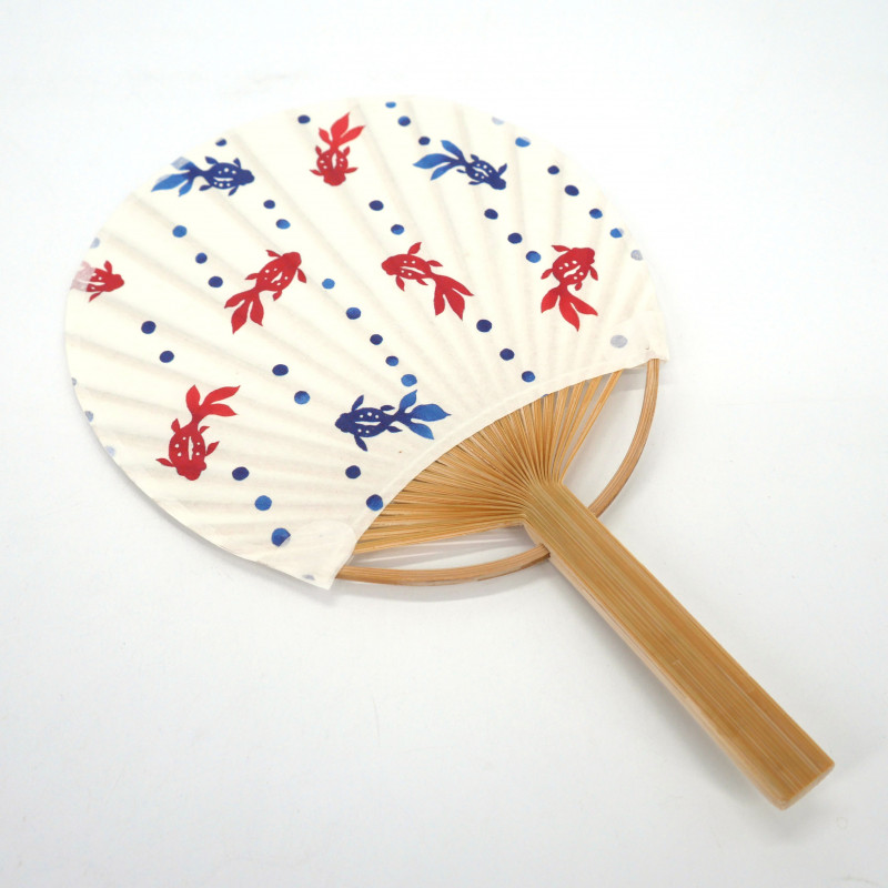 Japanese non-folding uchiwa fan in paper and bamboo with Red and Blue fish pattern, SAKANA AKA AOI, 17.5x11.5 cm