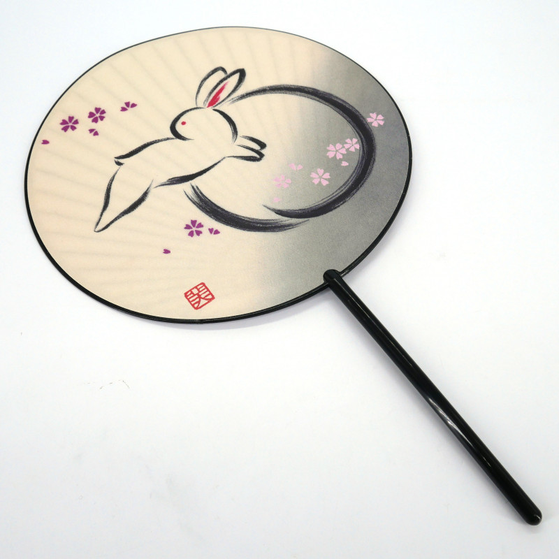 Japanese non-folding uchiwa fan in paper and bamboo with Rabbit and Sakura flower pattern, USAGI SAKURA, 38.8 x 24.3 cm