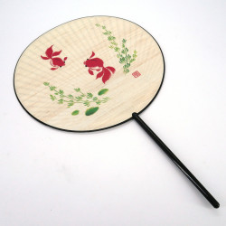 Éventail japonais non pliant uchiwa en papier et plastique motif Poisson Rouge, KINGYO, 38,8x24,3 cm