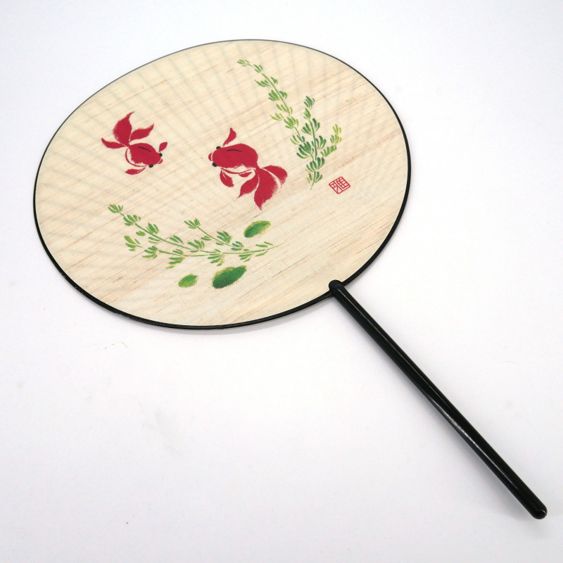 Éventail japonais non pliant uchiwa en papier et plastique motif Poisson Rouge, KINGYO, 38,8x24,3 cm