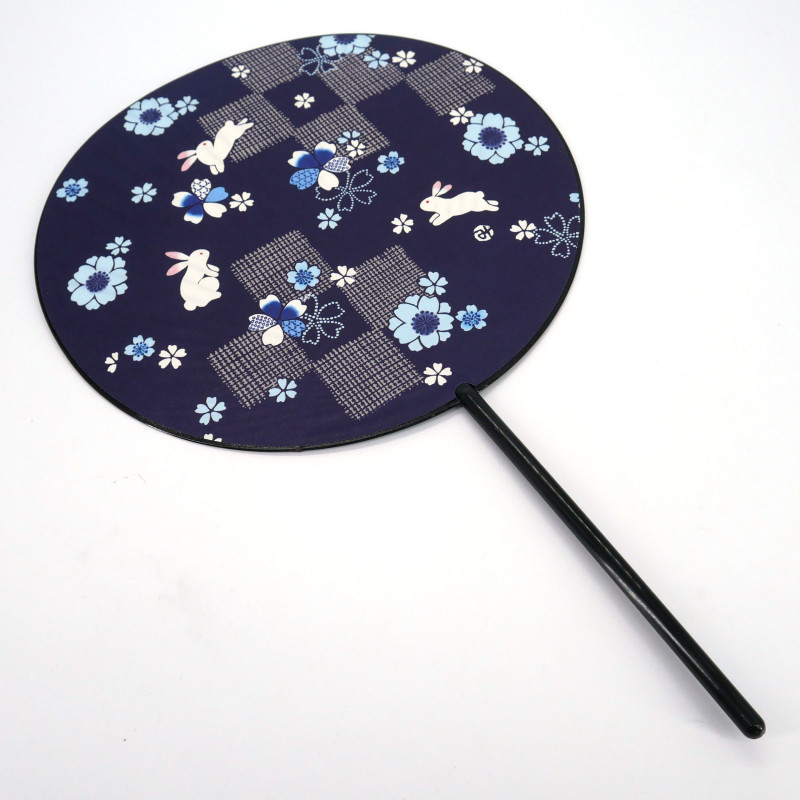 Abanico uchiwa japonés no plegable en papel y plástico, motivo Conejo, USAGI, 38,8 x 24,3 cm