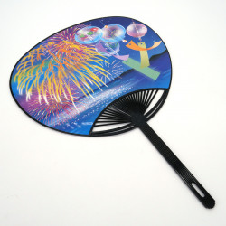 Japanese non-folding uchiwa fan in paper and plastic with Firework pattern, HANABI, 34.5 x 24.3 cm