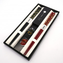 Set de 2 paires de baguettes japonaises et de 2 porte-baguettes en acrylique et résine motif fleur rouge et noire, HANA