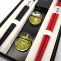 Set di 2 paia di bacchette giapponesi e 2 porta bacchette in acrilico e resina con motivo Crane, TSURU