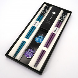 Set de 2 paires de baguettes japonaises et de 2 porte-baguettes en acrylique et résine motif fleur de cerisier bleu et violet, S