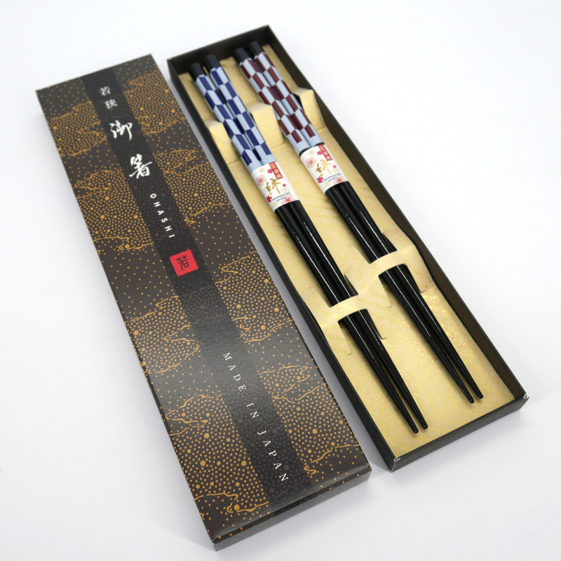Juego de 2 pares de palillos japoneses con mosaico rojo y negro, YABANE, 23cm