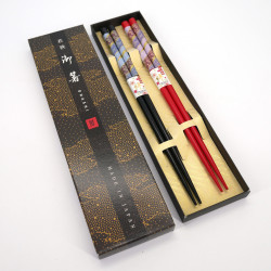 Set de 2 pares de palillos japoneses con estampado de flores rojas y negras, HANA, 23cm