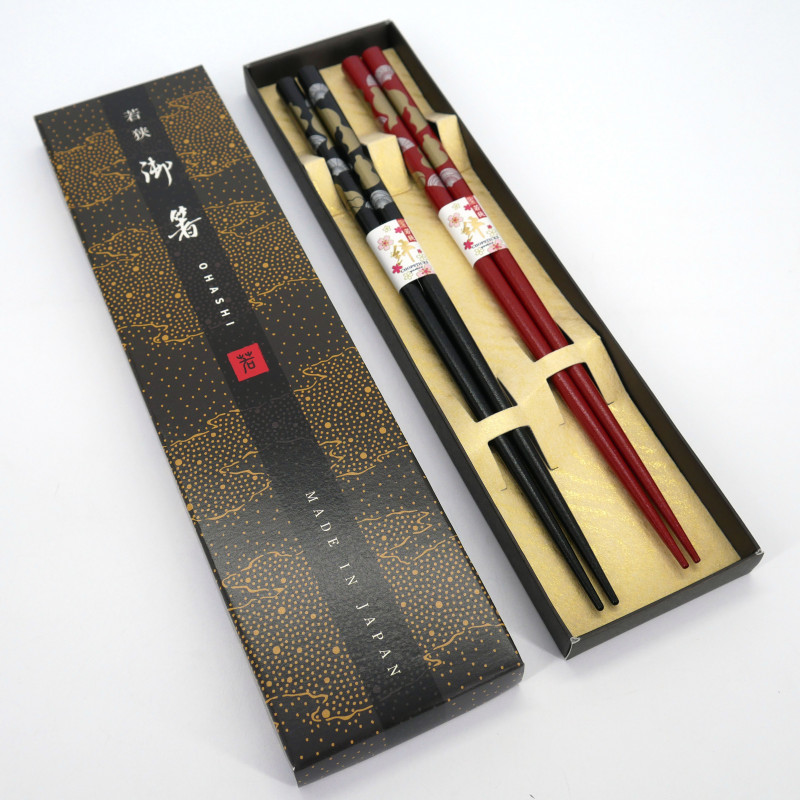 Set mit 2 Paar japanischen Essstäbchen mit rotem und schwarzem Fächermuster, FAN, 23 cm