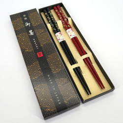 Juego de 2 pares de palillos japoneses rojos y negros, KAME ZUGAIKOTSU, 23cm