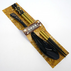 Ensemble paire de baguettes et cuillère en acrylique et résine noir assortis, SAKURA 