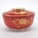 Japanische Keramikschale mit Deckel, AKAMAKI KARAKUSA, Rot und Gold