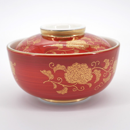 bol japonais en céramique avec couvercle, AKAMAKI KARAKUSA, rouge et or