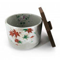 Ciotola di ceramica giapponese con coperchio di legno, TATTAGAWA, momiji