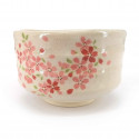 Japanese tea ceremony bowl - chawan, beige, pink flowers, SAKURA