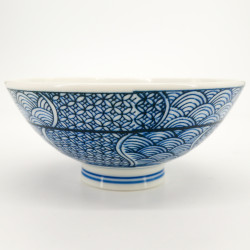 Bol à riz japonais en céramique, blanc et motif traditionnel bleu, BAKUZEN