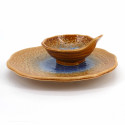 Japanese TEMPURA round plate with matching bowl, MOKUME, blue/yellow