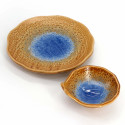 Japanese TEMPURA round plate with matching bowl, MOKUME, blue/yellow