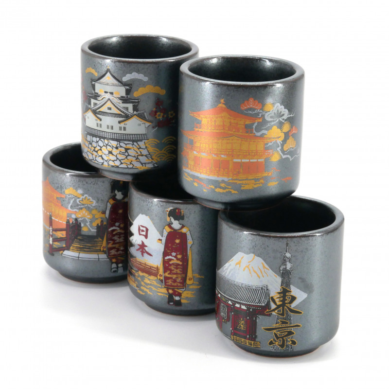 five sake cups set with 5 japan pictures black TETSU KESSHÔ NIHON FÛKEI