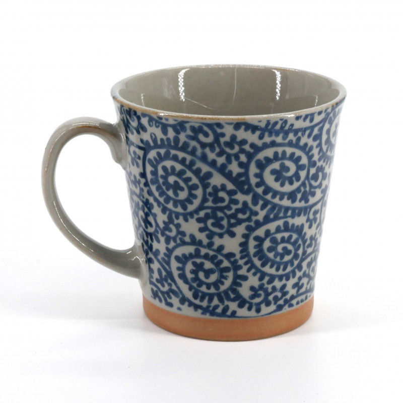 Japanese ceramic tea mug with handle KARAKUSA blue