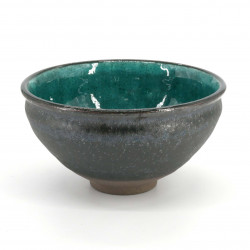Bol japonais pour cérémonie du thé en céramique, KURO TAKOIZU, turquoise et noir