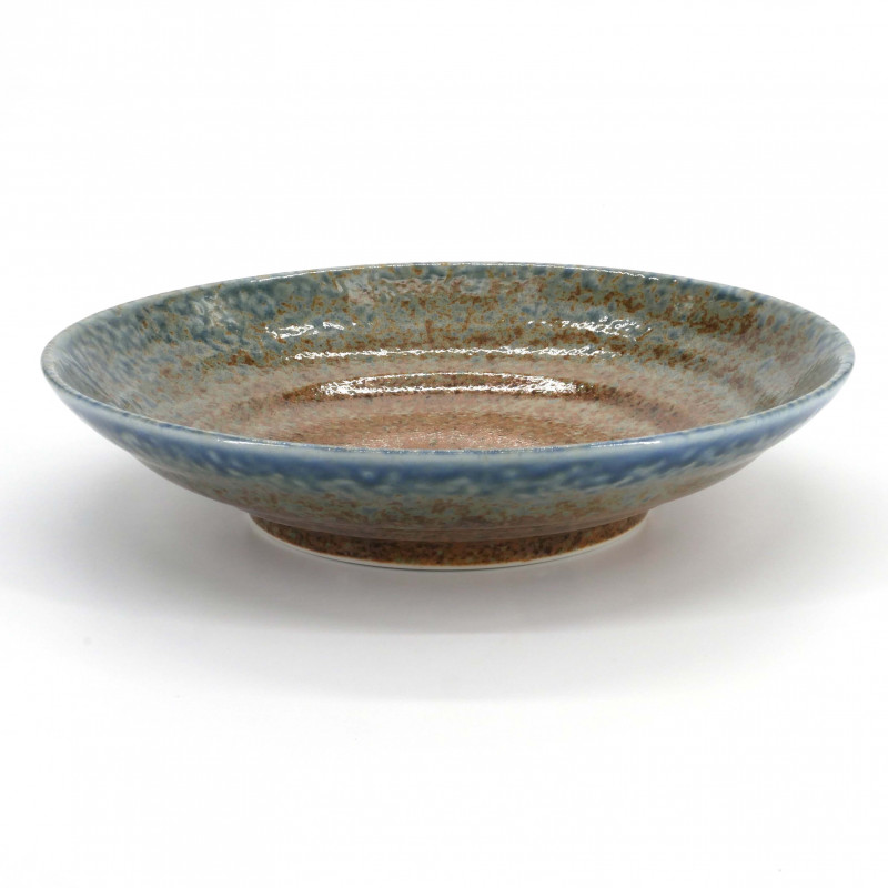 Japanese round ceramic plate, brown and blue, CHAIRO AOI