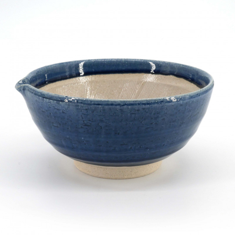 Ciotola suribachi in ceramica giapponese con beccuccio - blu