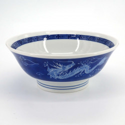 Japanese white ceramic ramen bowl, RYU, blue dragon and clouds 1