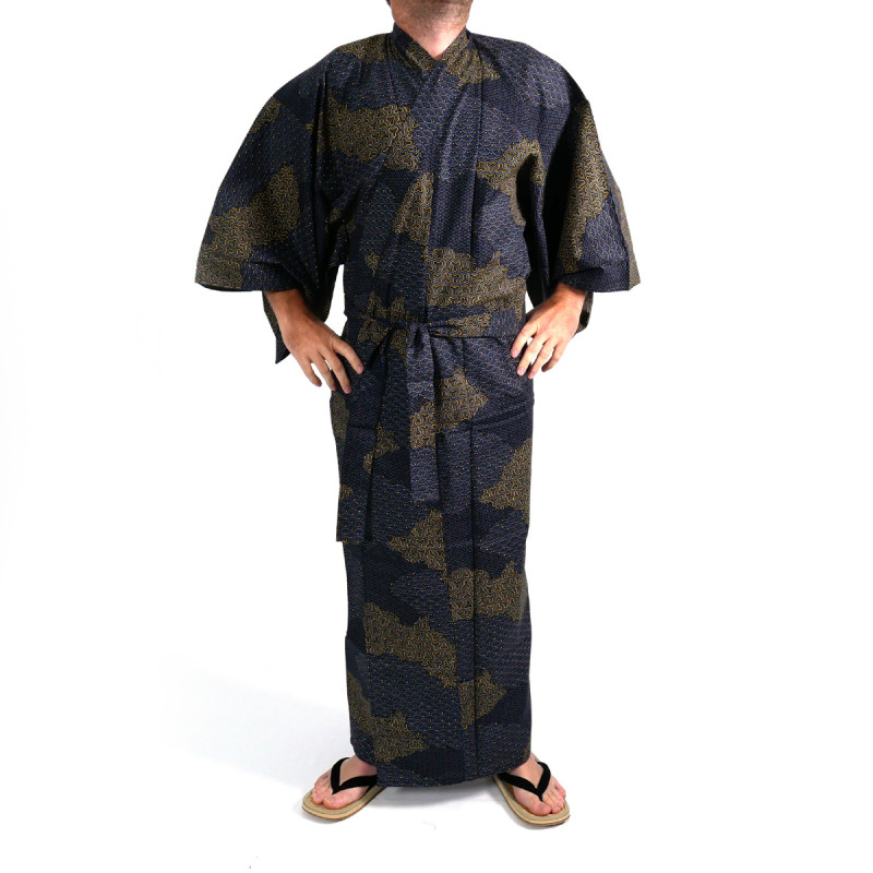 Japanese traditional black cotton yukata kimono cloud pattern for men