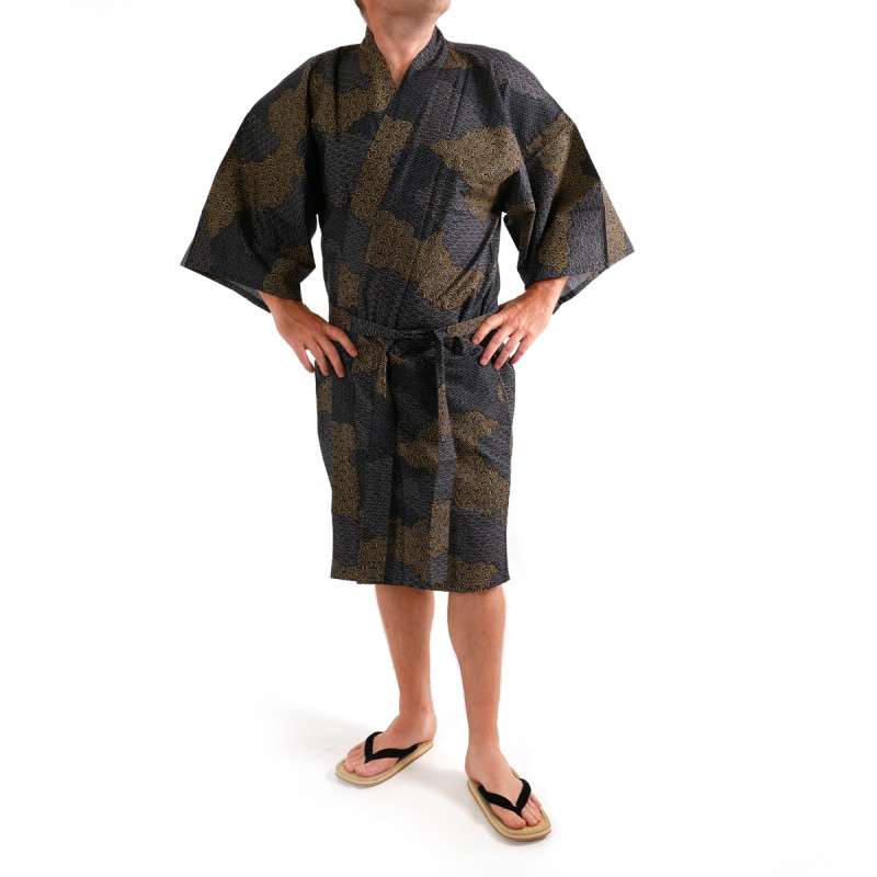 happi kimono traditionnel japonais noir en coton motifs nuages pour homme