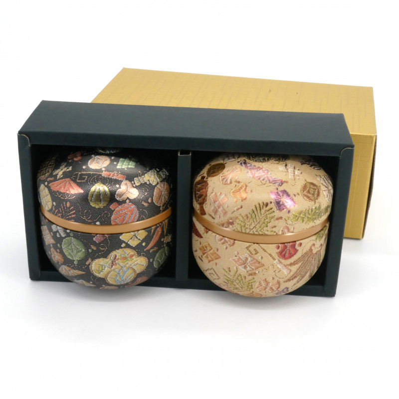Duo aus beigen und schwarzen runden japanischen Teedosen, BEJU NOWARU, 150gr