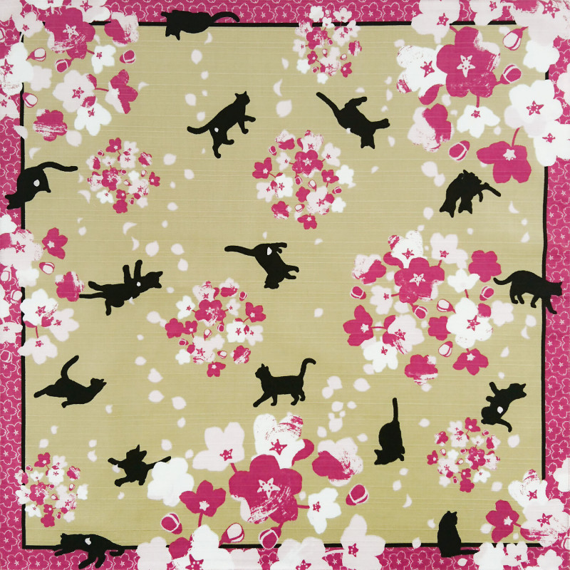 Furoshiki en coton japonais rose fleurs et chats, HANA NEKO, 50 x 50 cm