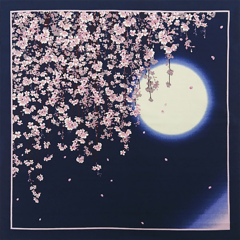 Furoshiki aus japanischer Baumwolle nachtblauer Mond und Kirschbäume, SAKURATSUKI, 50 x 50 cm