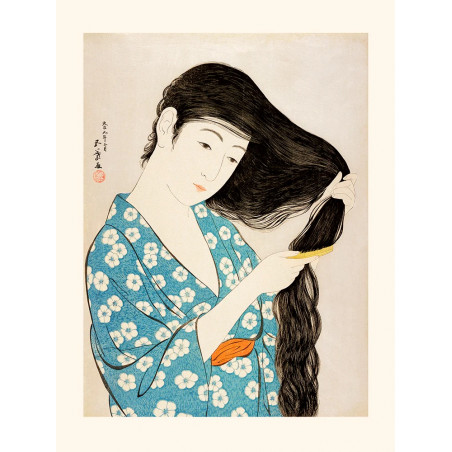 Japanischer Holzschnitt, Goyō Hashiguchi, Frau, die ihr Haar kämmt