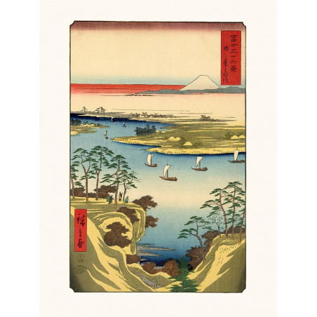 Grabado japonés, Konodai Tonegawa, Colina del Ganso Salvaje y el río Tone. 1858 Utagawa HIROSHIGE