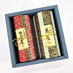 Duo of blue Japanese tea canisters covered with washi paper, OBI, 200 g