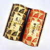 Duo of red and black Japanese tea canisters covered with washi paper, TENPAKU , 200 g