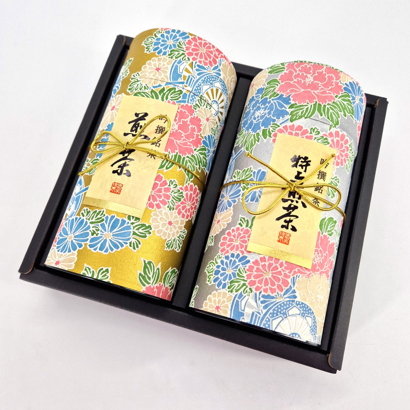 Duo of Japanese gold and silver tea canisters covered with washi paper, YAYOI GOSHO, 200 g
