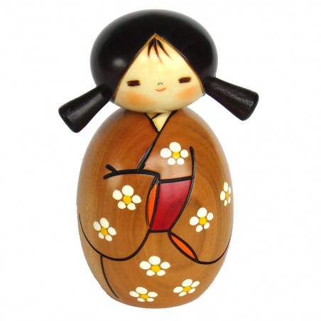 Muñeca japonesa kokeshi marrón con patrón de expectativa de primavera, HARU YO KOI