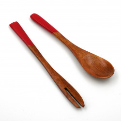 duo rouge cuillère - fourchette en bois japonais à dessert