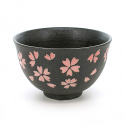 rice bowl with pink sakura flower patterns black TENMOKU HANAMATSURI