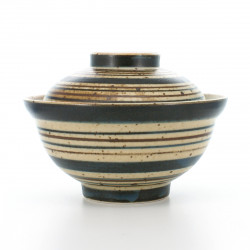 rice bowl with lid and brown lines beige AOKOMASUJI