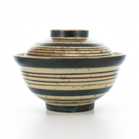 bol japonais en céramique avec couvercle, AOKOMASUJI, bleu et marron