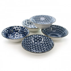 Japanese traditional colour white and blue 5 bowls set with flower patterns in porcelain SHIMITSU