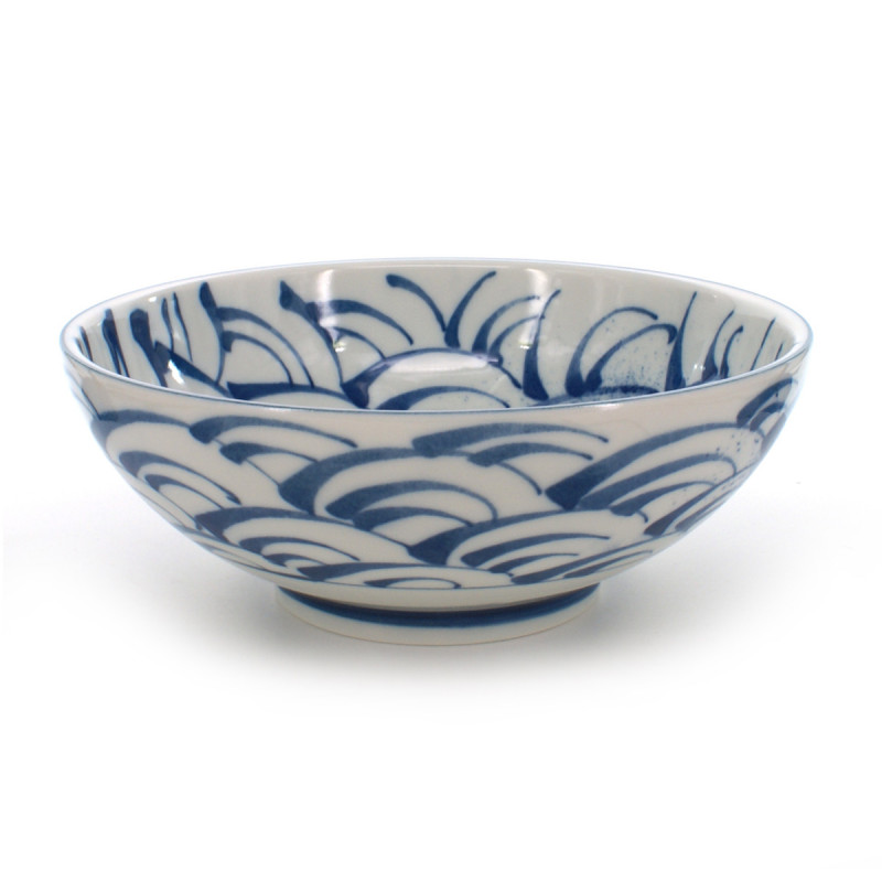 Japanese traditional colour white Large-sized râmen noodle bowl with blue wave patterns in ceramic SEIGAIHA
